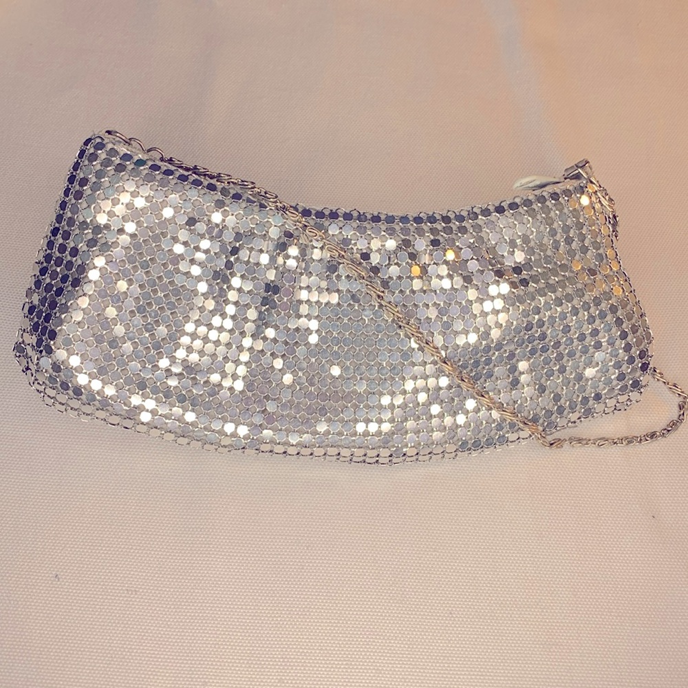 Silver Mesh Evening Bag Purse Clutch With Silver Chain Strap and Satin Lining